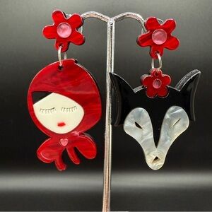 Fairytale Little Red Riding Hood and Fox Acrylic Red and Black Earrings - Dangly